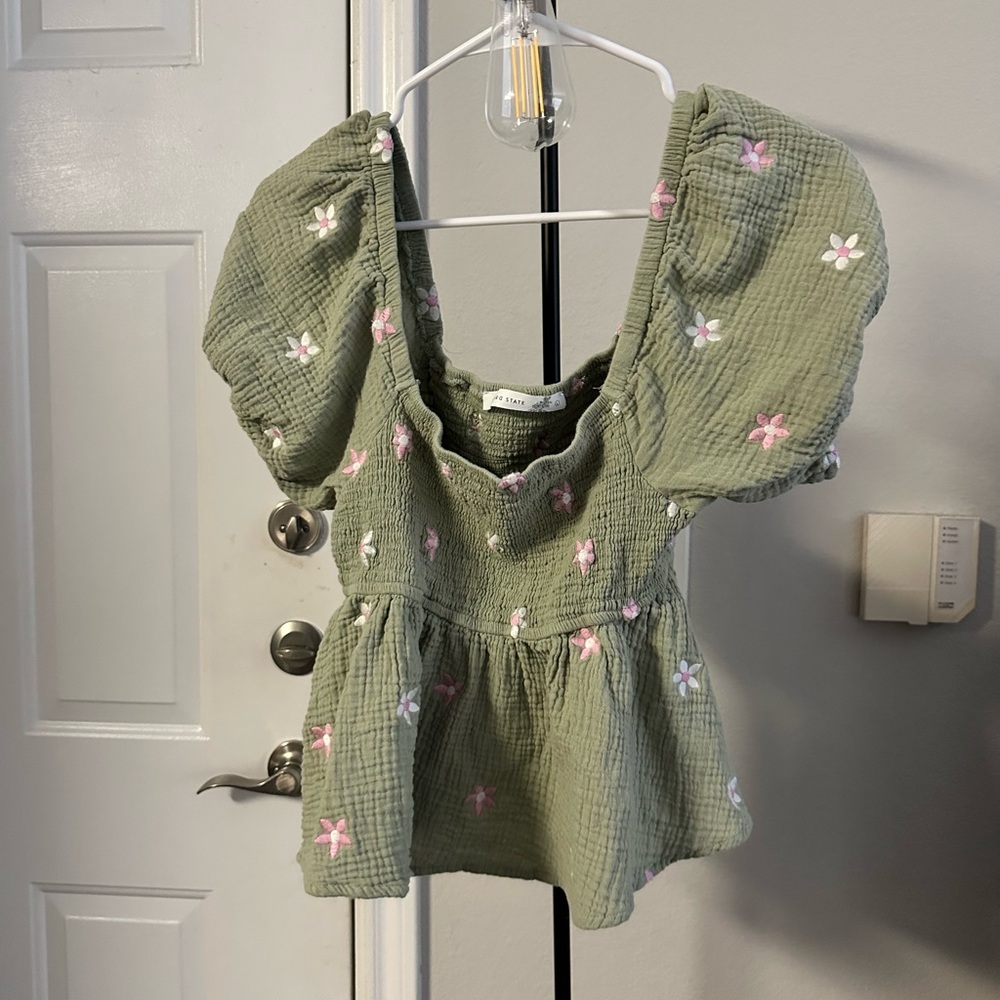Altar'd State Green Blouse with Pink Floral Embroidery